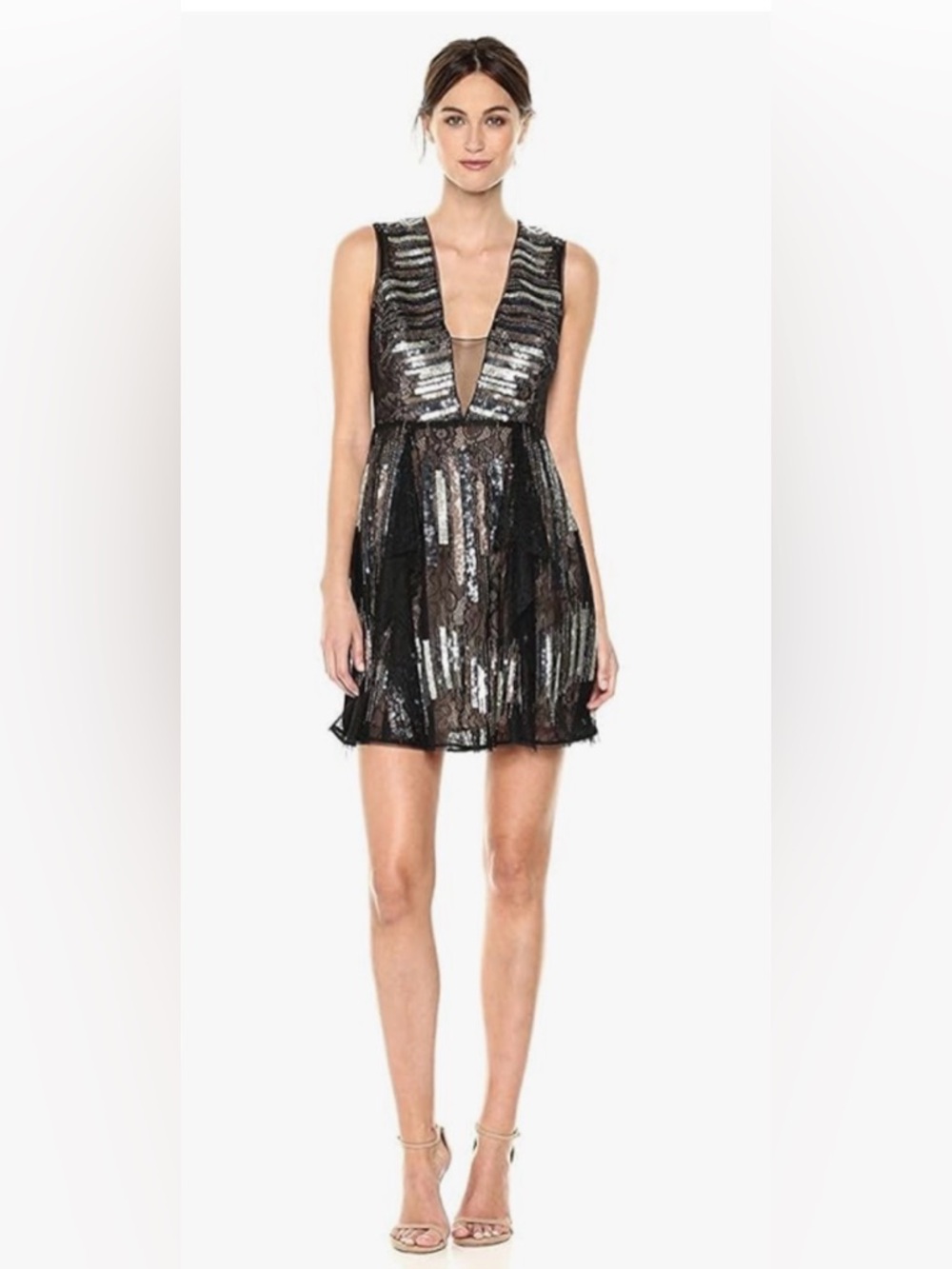 BCBGMaxAzria Julissa Black Sequin Lace V-Neck Mini Dress